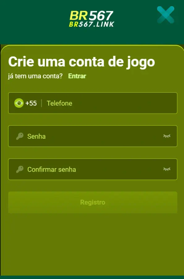 Página de cadastro no BR567 Cassino